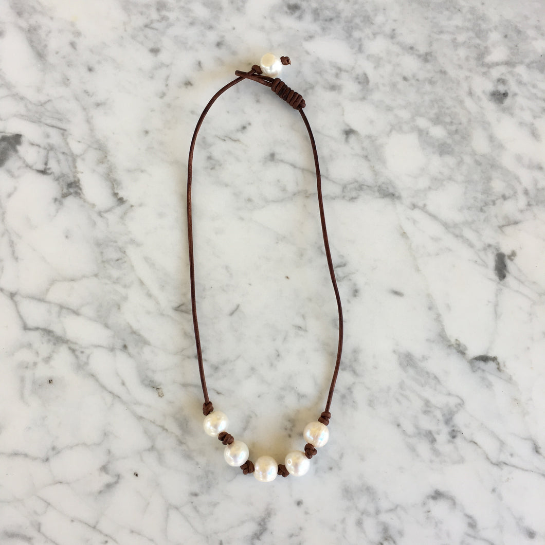 Five Pearl + Leather Necklace